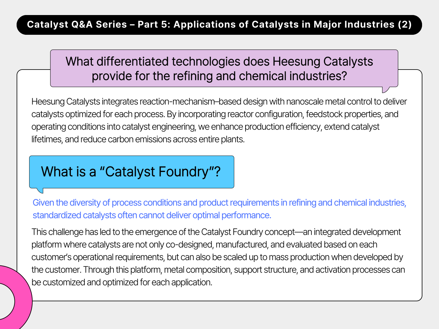 What differentiated technologies does Heesung Catalysts provide for the refining and chemical industries?
What is a “Catalyst Foundry”?
