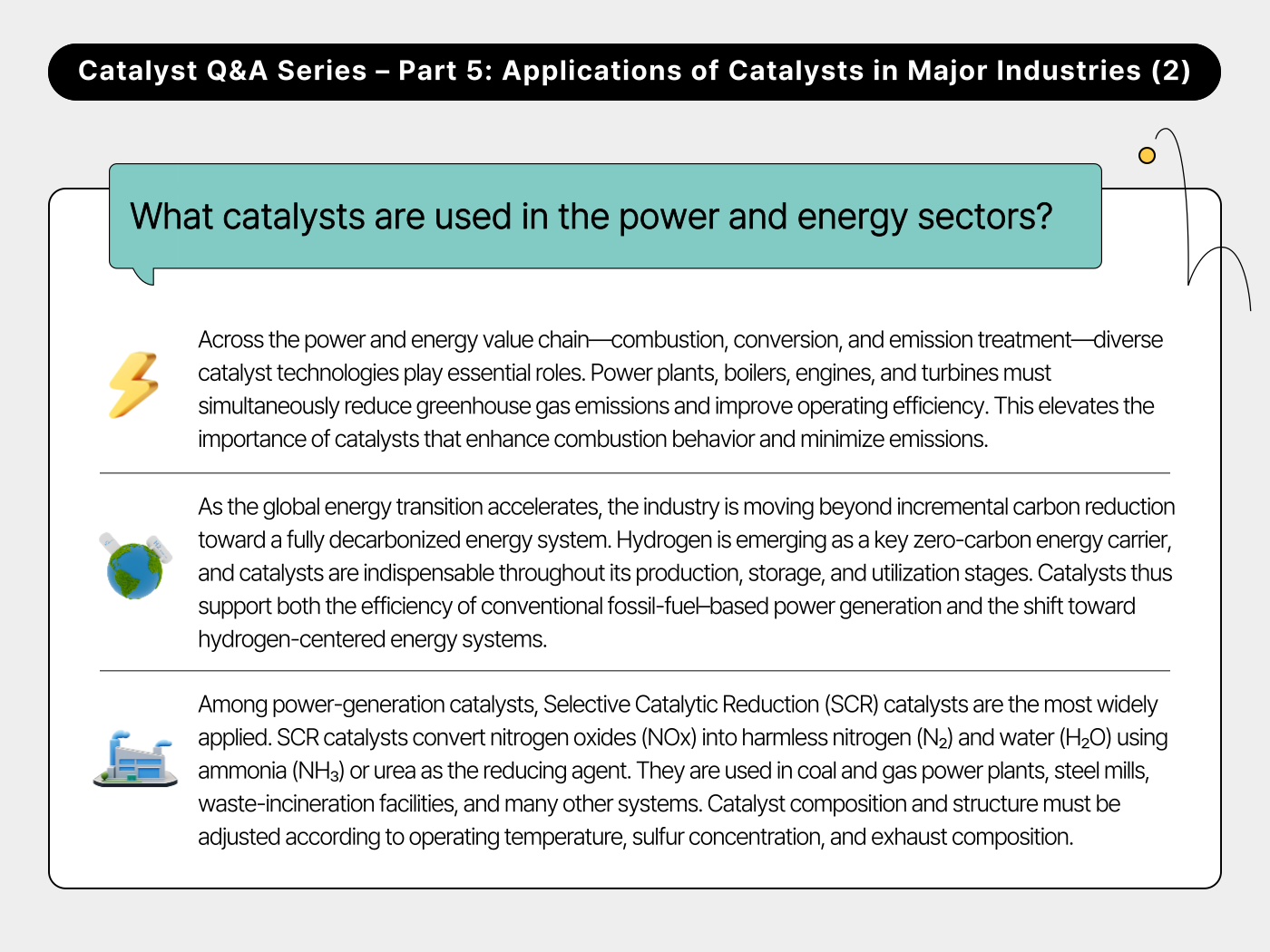 What catalysts are used in the power and energy sectors?